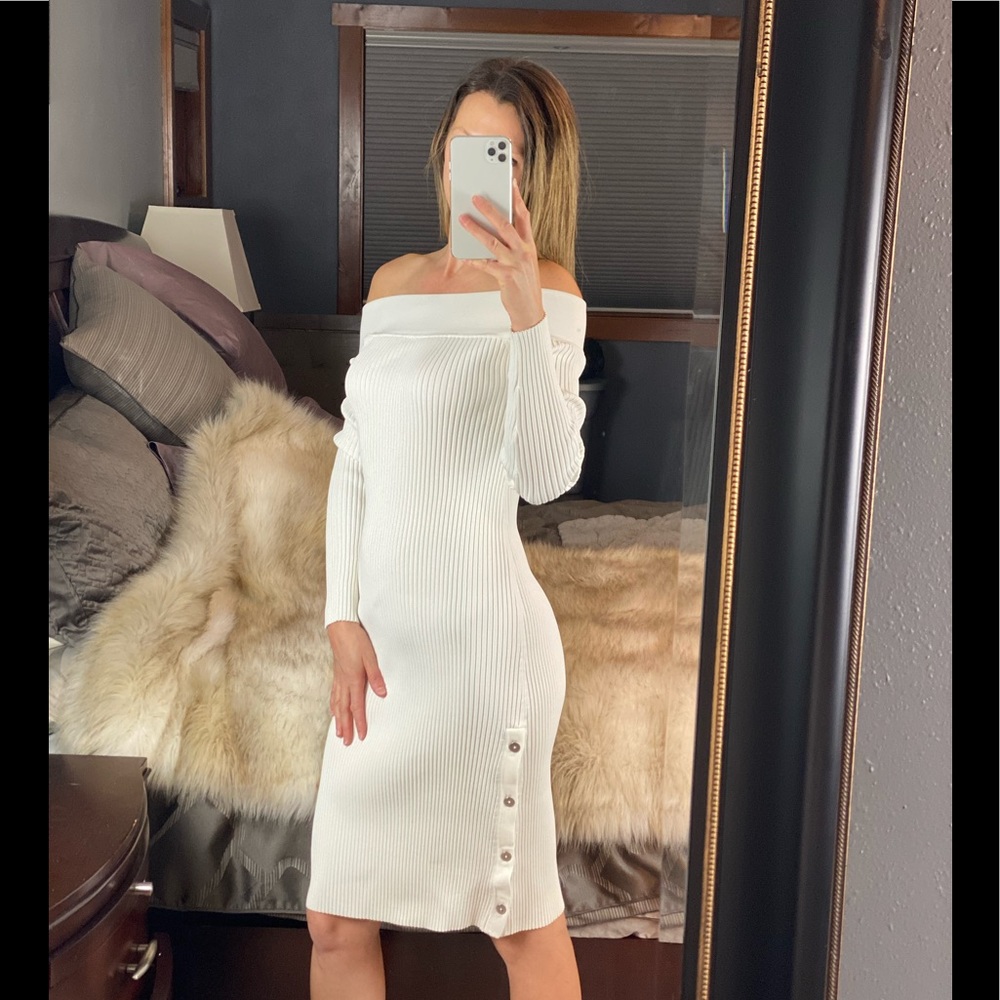C/MEO Collective Ivory Ribbed Off Shoulder Midi Dress S